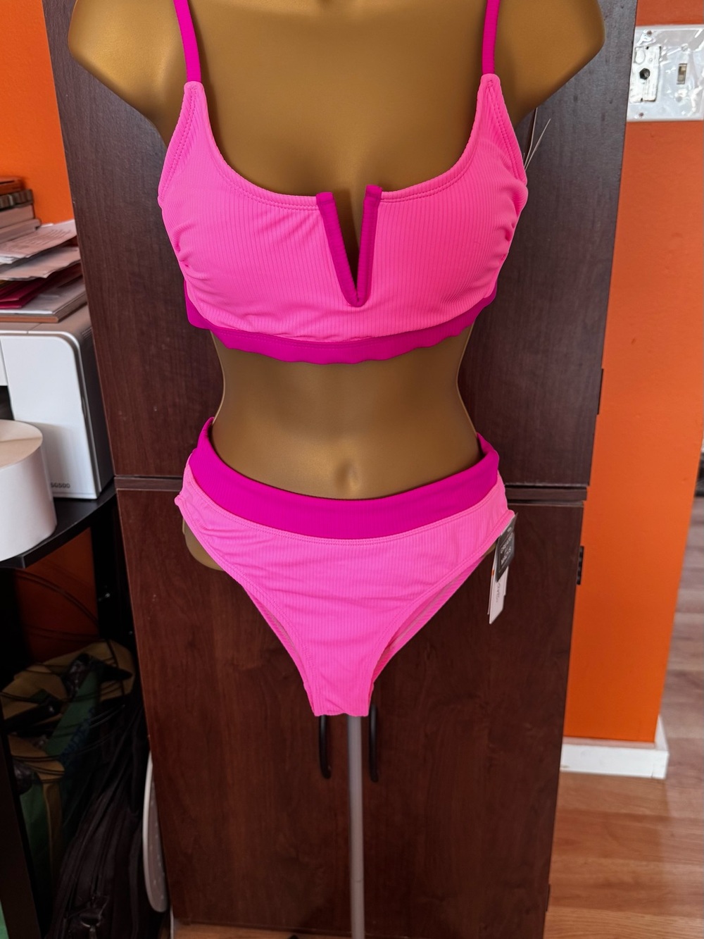 Salt + Cove Neon Pink Ribbed V-Notch Bikini Set